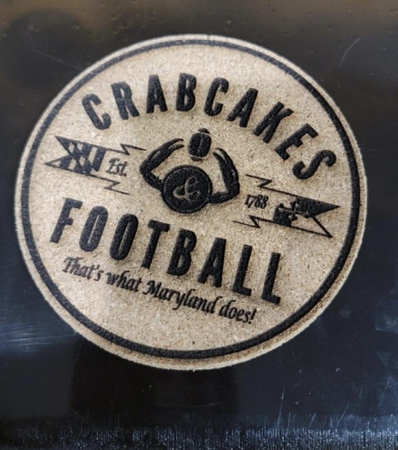 LeRoy Woodworks Cork Coaster Crabcakes and Football