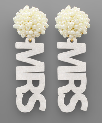 Golden Stella MRS Acrylic Word & Pearl Earrings - White