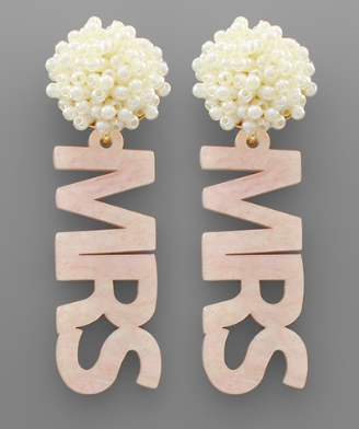 Golden Stella MRS Acrylic Word & Pearl Earrings - Pink