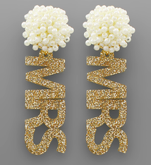 Golden Stella MRS Acrylic Word & Pearl Earrings - Gold