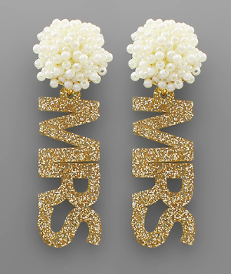 Golden Stella MRS Acrylic Word & Pearl Earrings - Gold