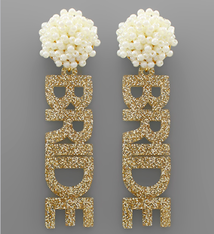 Golden Stella BRIDE Acrylic Word & Pearl Earrings - Gold