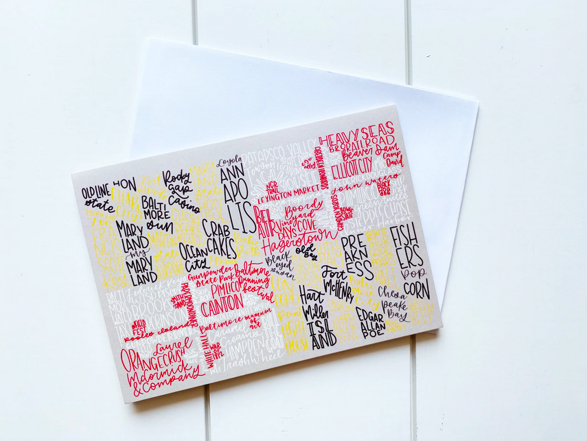 the letters mdn Hand Lettered Maryland Flag 5x7 Folder Notecard