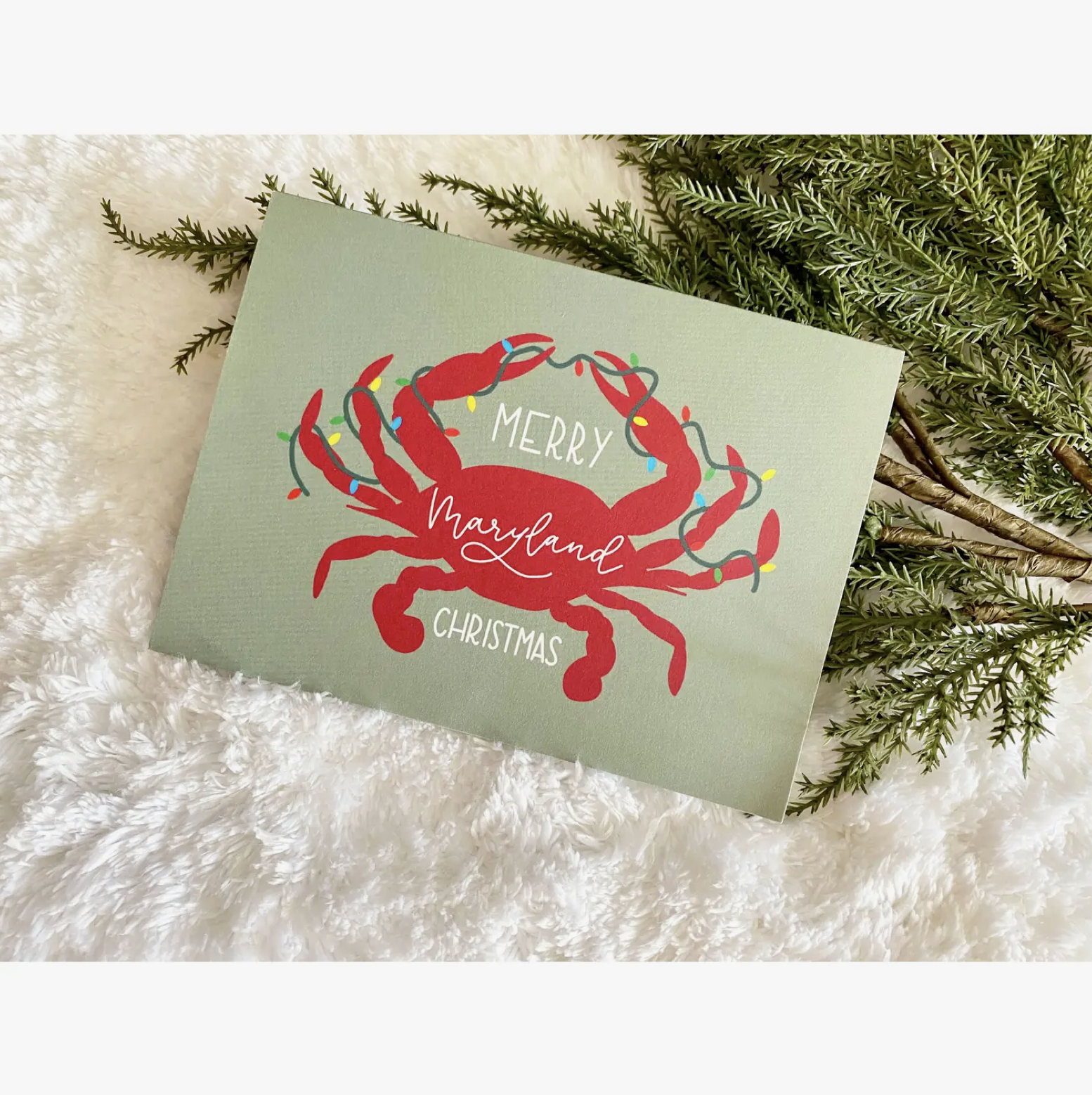 the letters mdn Merry Maryland Christmas Crab Card
