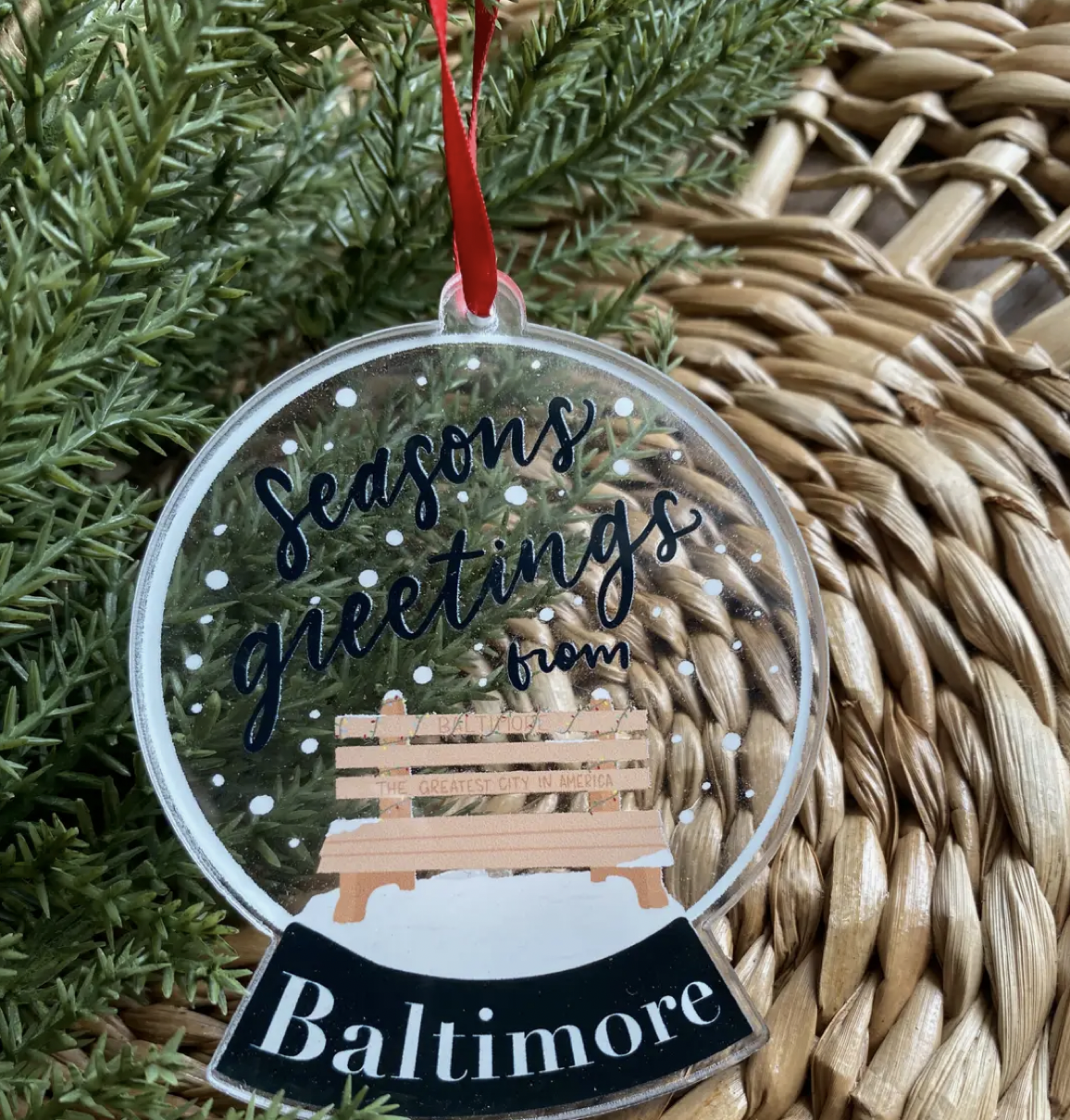 the letters mdn Seasons Greetings Baltimore Snow Globe Acrylic Ornament