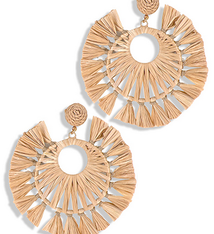 Golden Stella Raffia Round Tassel Earrings - Natural
