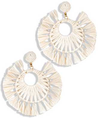 Golden Stella Raffia Round Tassel Earrings - White