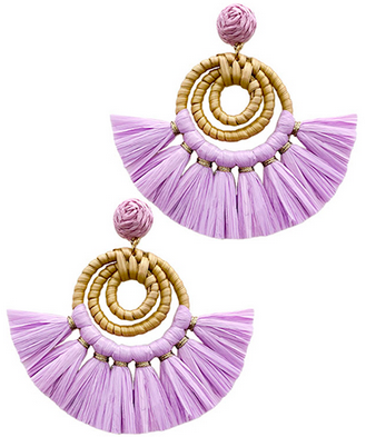 Golden Stella Rattan & Raffia Fan Shape Earrings - Lavender