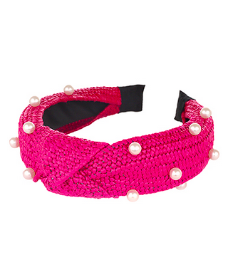 Golden Stella Pearl Studded Rattan Headband - Pink
