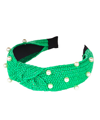 Golden Stella Pearl Studded Rattan Headband - Green