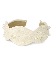 Golden Stella Pearl Stud Braided Rattan Headband - Ivory
