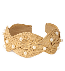 Golden Stella Pearl Stud Braided Rattan Headband - Beige