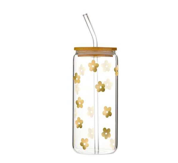 Creative Brands Glass Cold Brew Tumbler - Gold Flowers