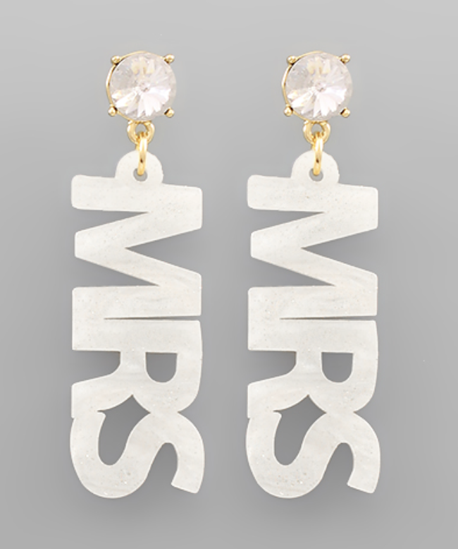 Golden Stella MRS Acrylic Word Earrings - White