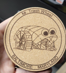 LeRoy Woodworks Cork Coaster Mr Trash Wheel