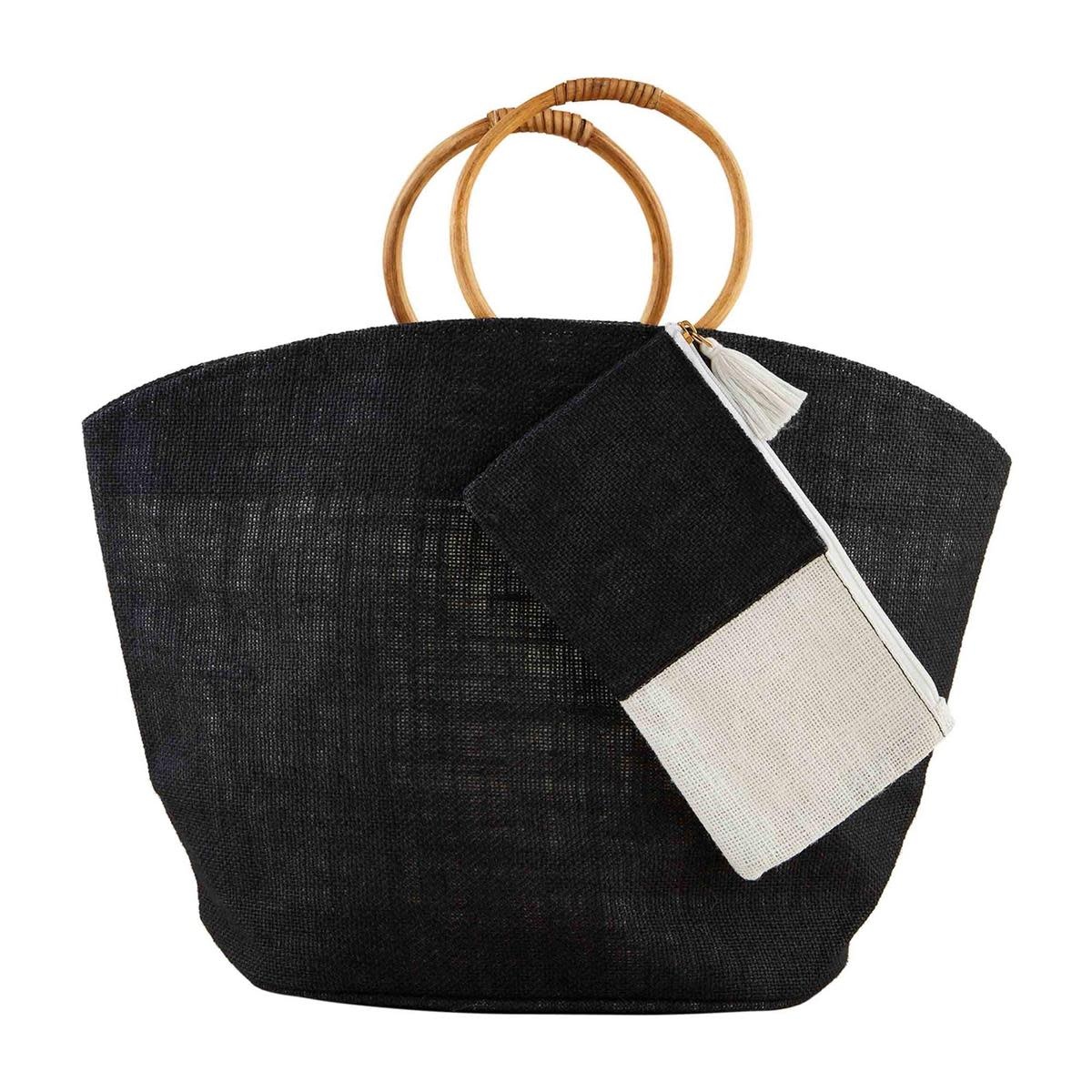 Mud Pie Black Jute Tote & Case Set