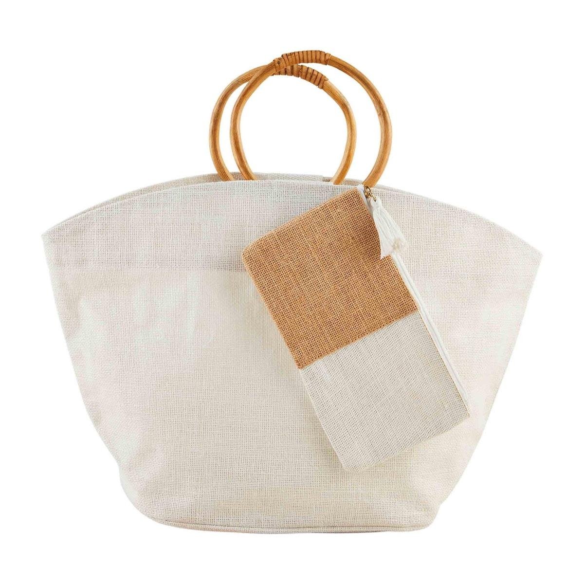 Mud Pie Cream Jute Tote & Case Set