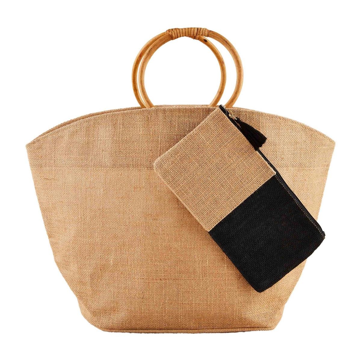 Mud Pie Tan Jute Tote & Case Set