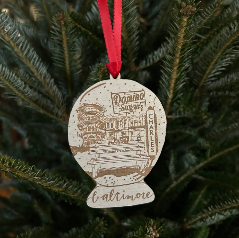 Tiny Dog Press Baltimore Wood Snow Globe Ornament