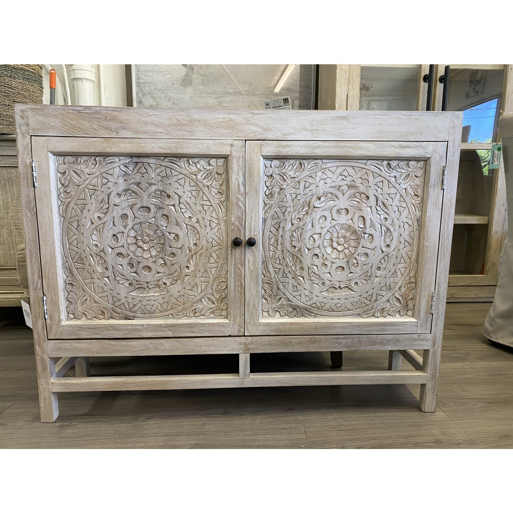 48x12x36 2 Door Carved Front White Washed Sideboard