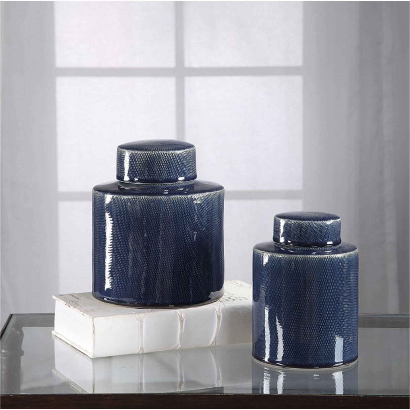 Outside The Box 8" Set Of 2 Saniya Sapphire Blue Ceramic Containers