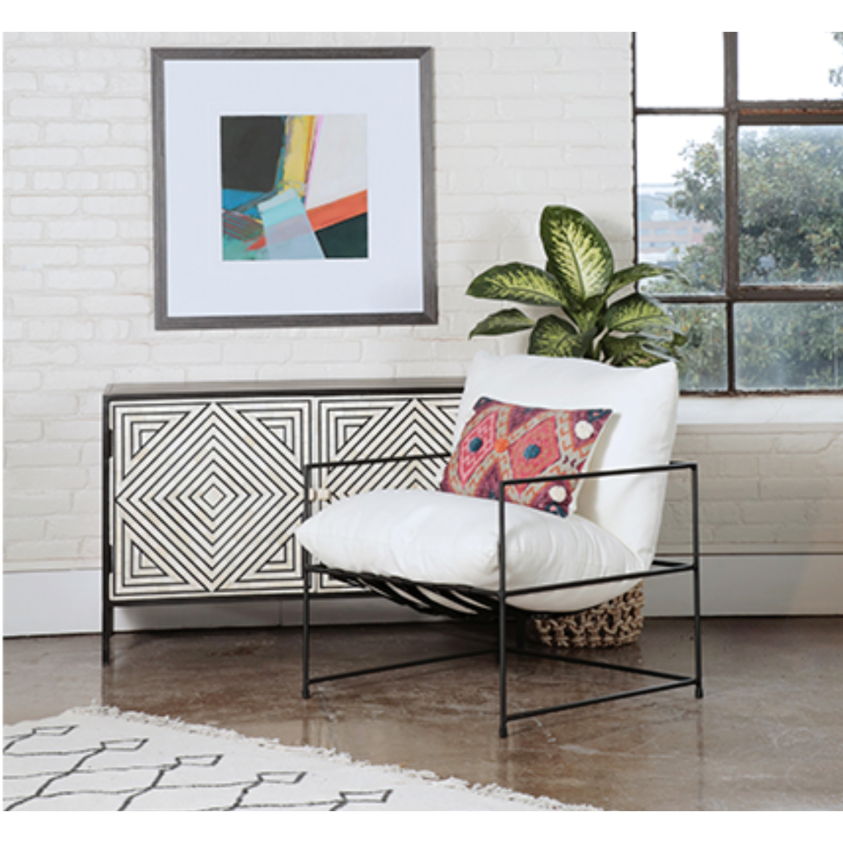 Outside The Box Inska White Cotton Upholstered Iron Frame Accent Chair