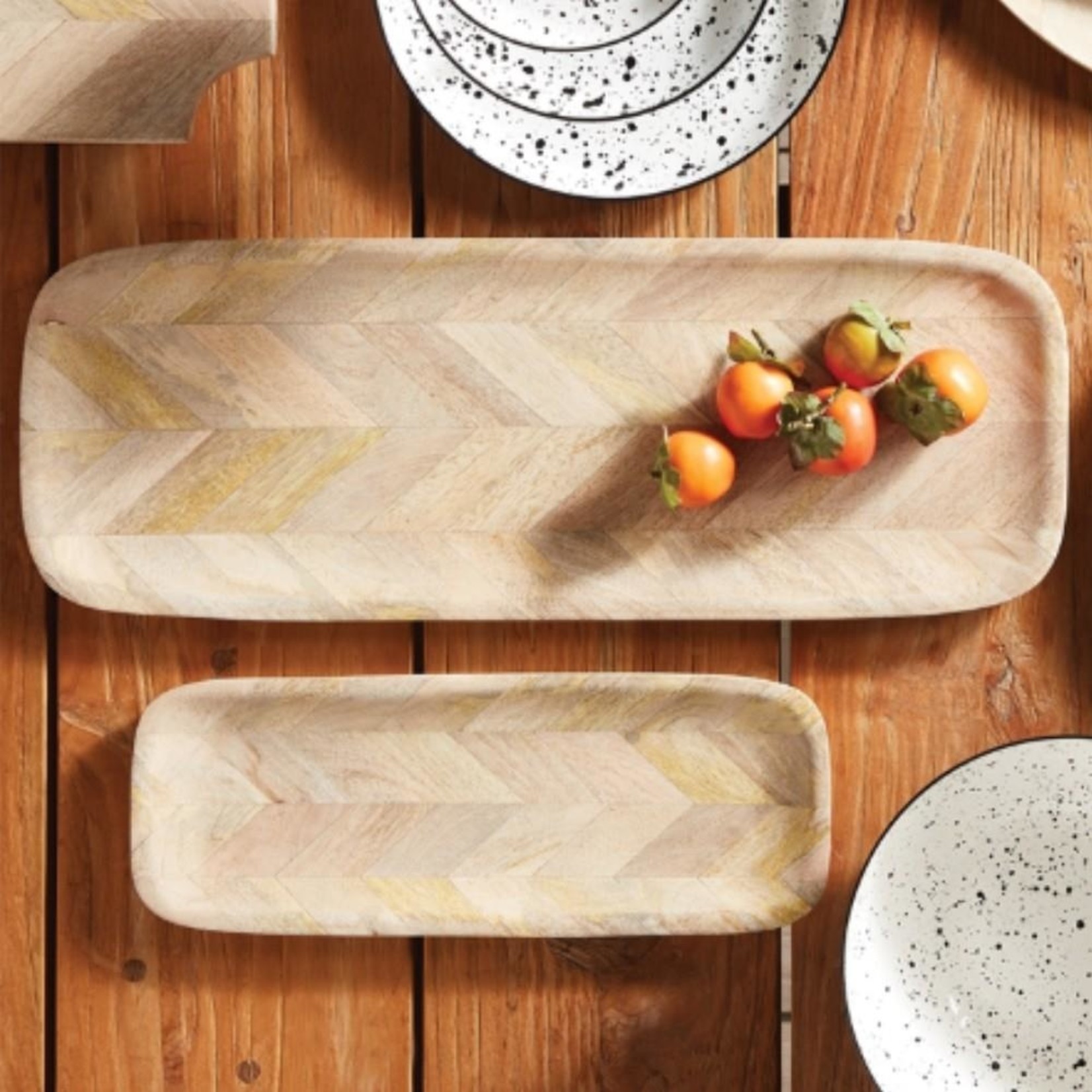 16" & 24" Set of 2 Marquetry Herringbone Chacuterie In Natural Wood Trays