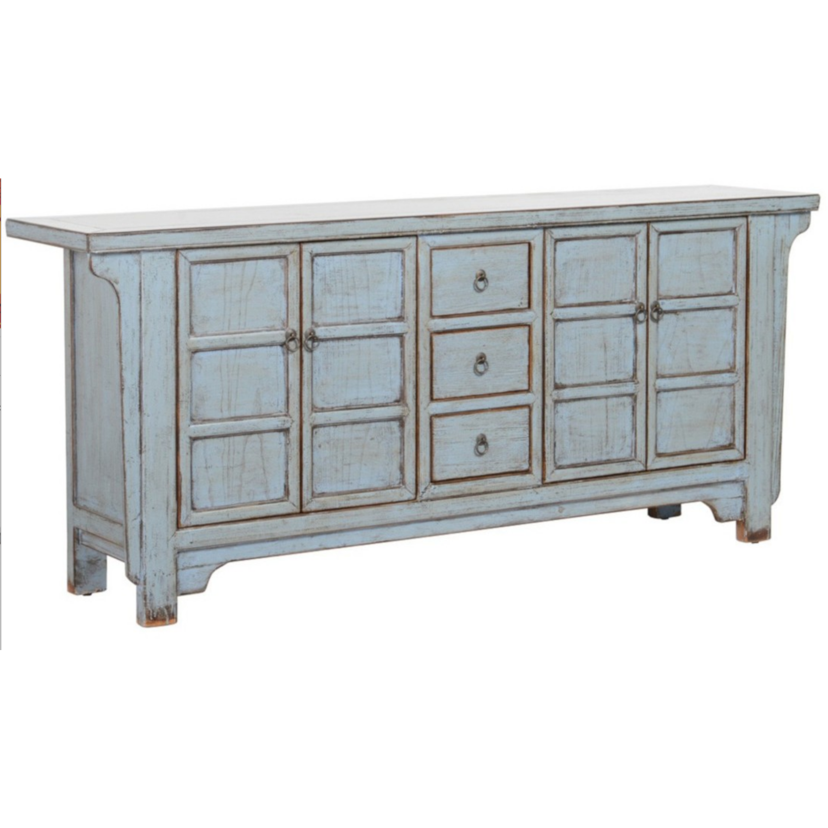 Outside The Box 77x17x34 Crafton Blue Reclaimed Pine 3 Drawer 4 Door Server