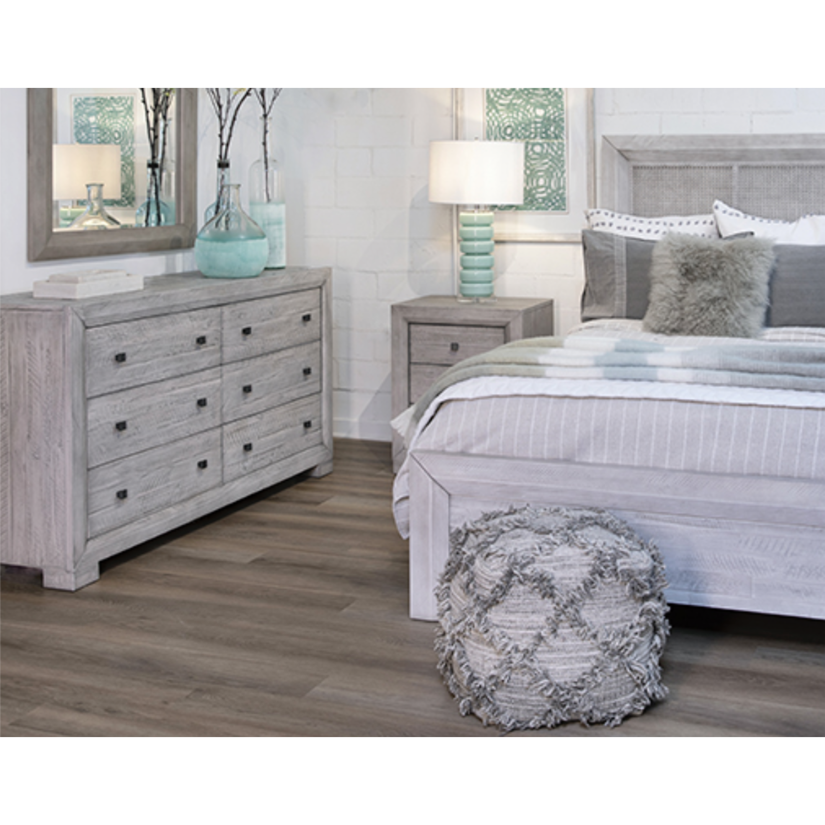Outside The Box 66x85x59 Geneva Grey Reclaimed Acacia Wood & Rattan Insert Queen Bed