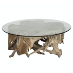 Outside The Box 46x18 Teak Root Round Glass Top Coffee Table