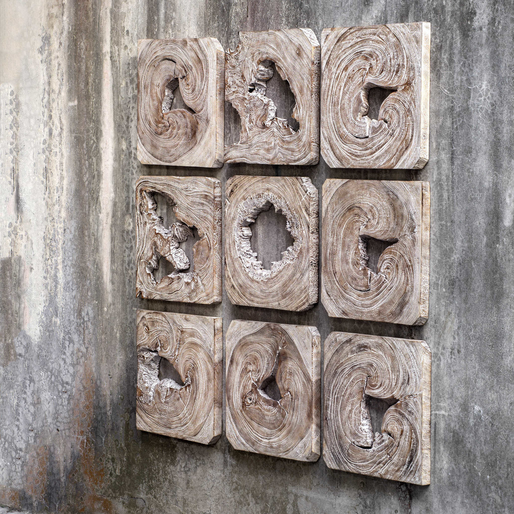 Outside The Box Set of 9 Bahati Whitewashed Suar Wood Wall Art