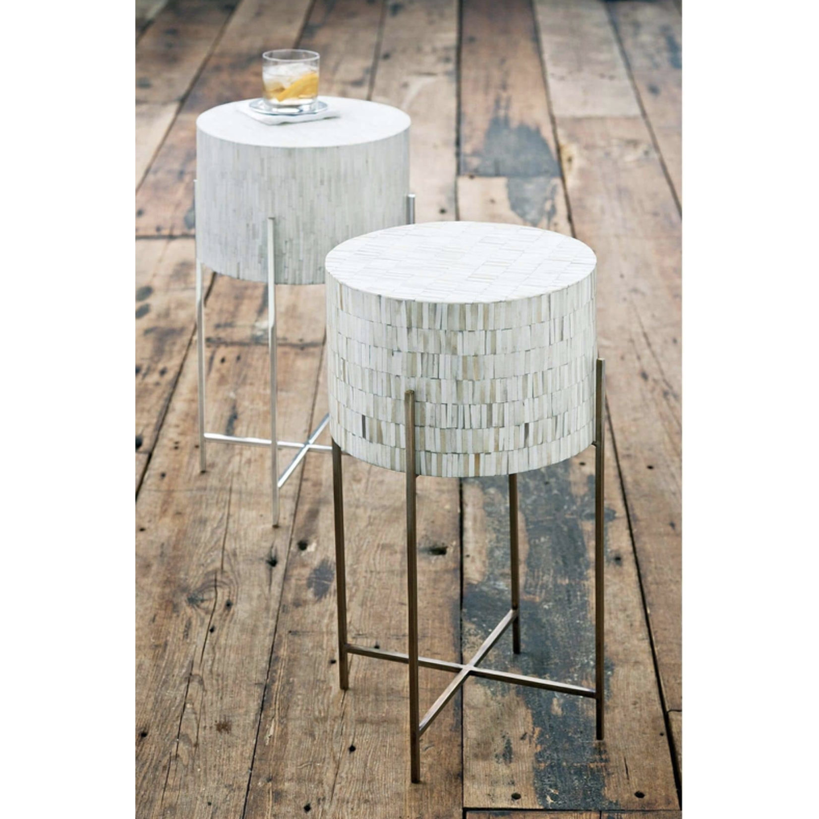 Outside The Box 25" Regina Andrew Natural Bone Inlay Drum Table W/ Antique Brass Legs