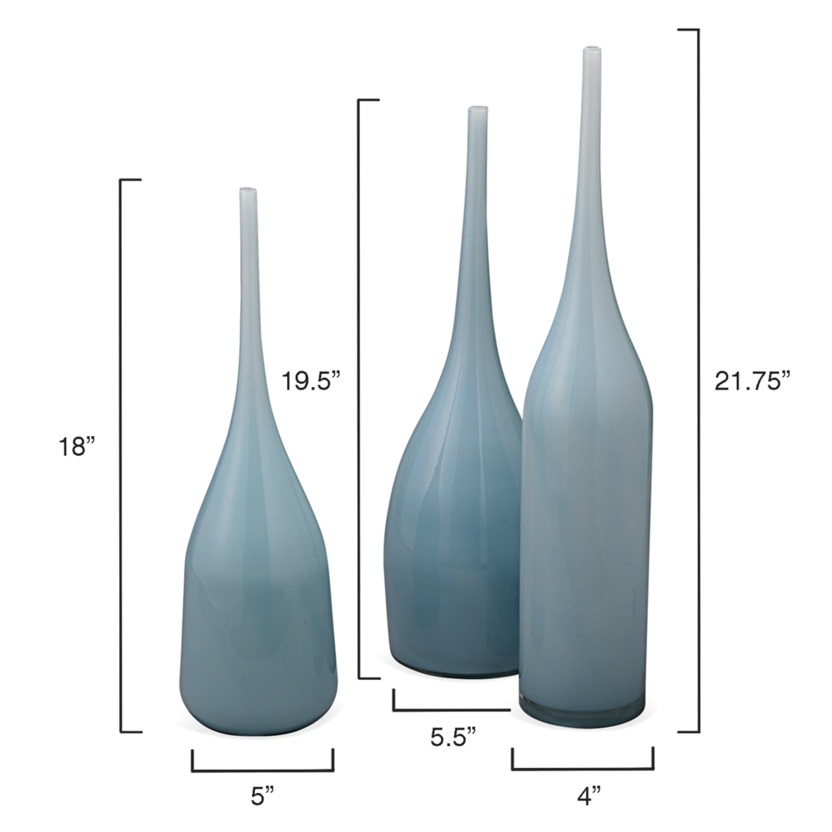 Outside The Box 22", 19" & 18" Set of 3 Pixie Blue Hand Blown Decorative Vases