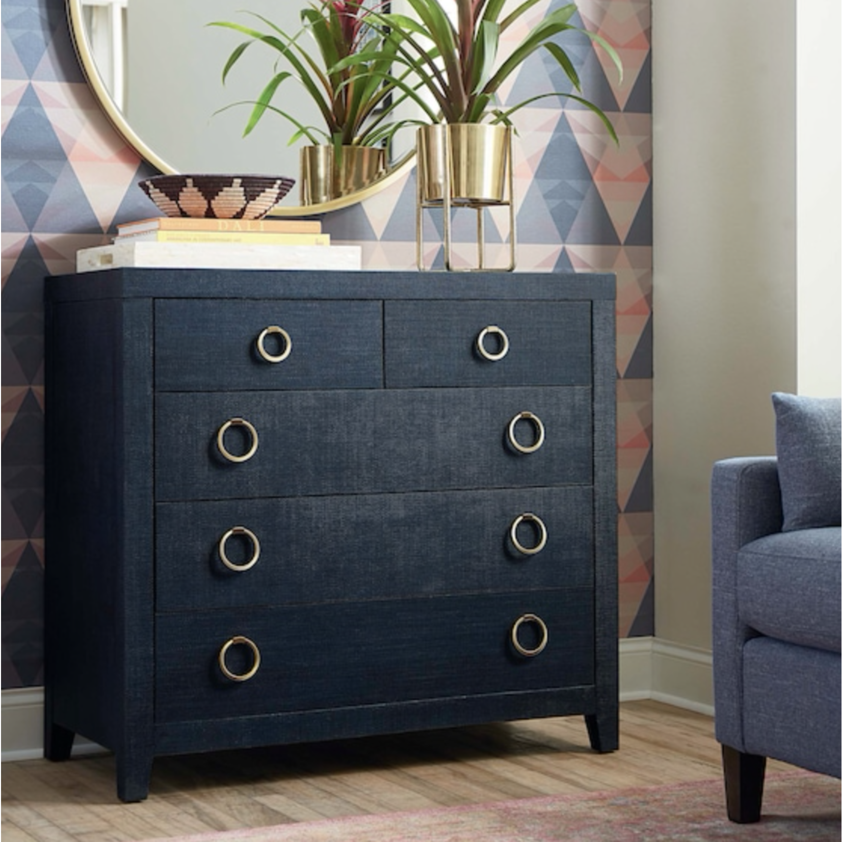 Outside The Box 40x19x37 Ventura Pacific Blue Raffia 5 Drawer Chest