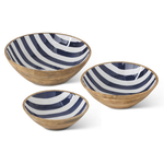 Outside The Box 11", 13" & 15" Set Of 3 Mango Wood Bowls With Enameled Blue & White Strips