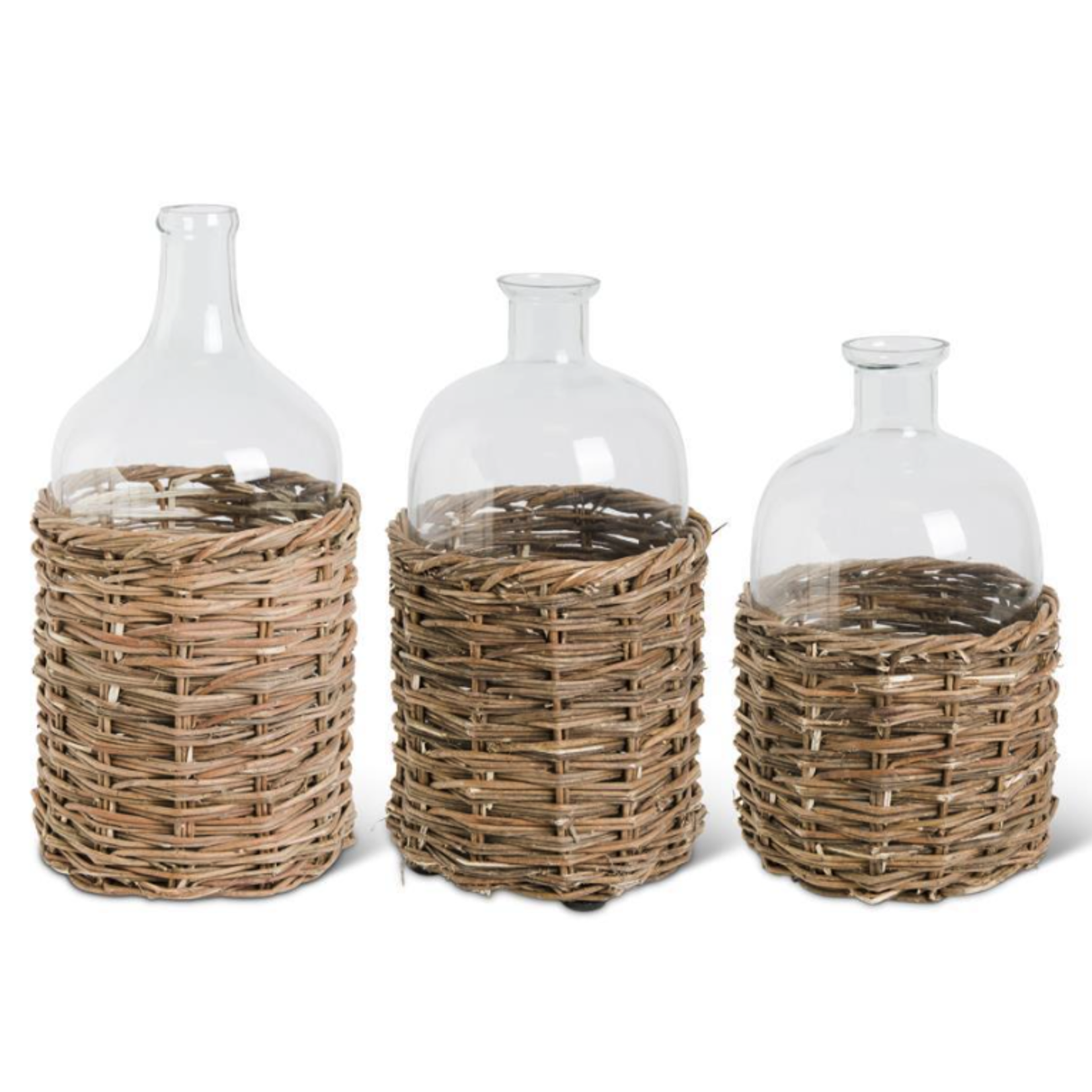 13", 15" & 18" Set Of 3 Glass Bottle With Natural Woven Rattan Basket