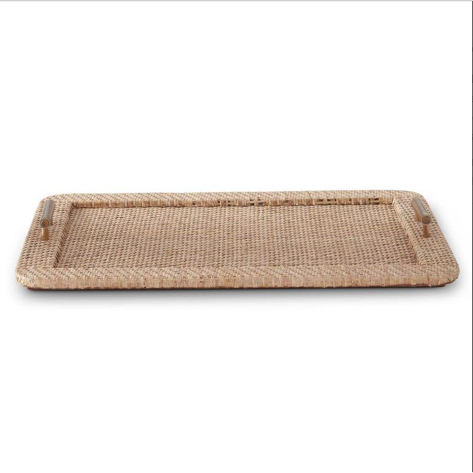 Outside The Box 23x18 Natural Rattan Weave Tray With Brass Handle & Leather Bottom
