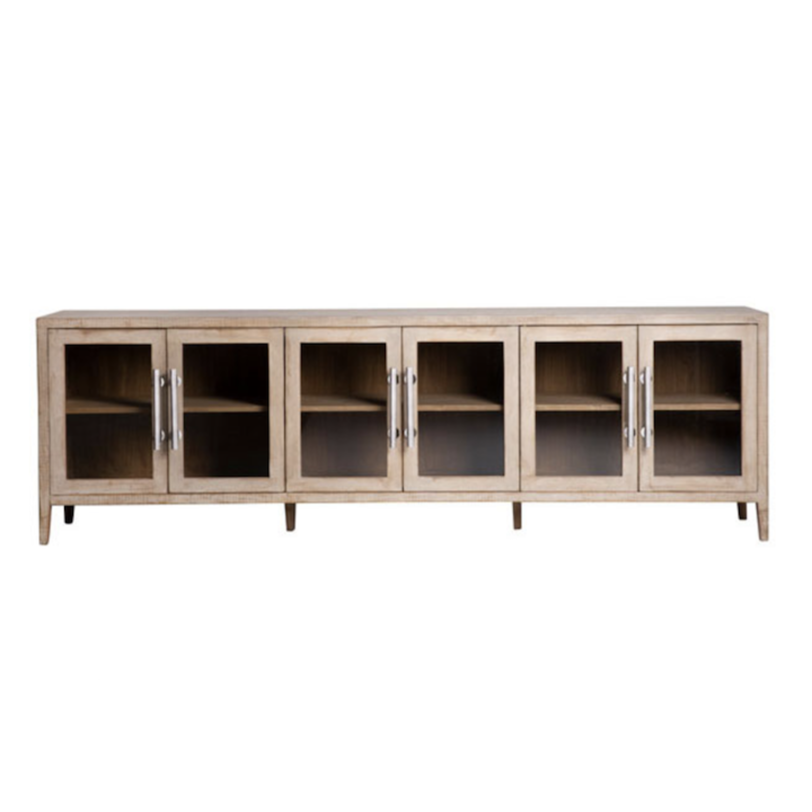 Outside The Box 109x18x34 Basel Light Washed Reclaimed Pine 6 Door Glass Sideboard
