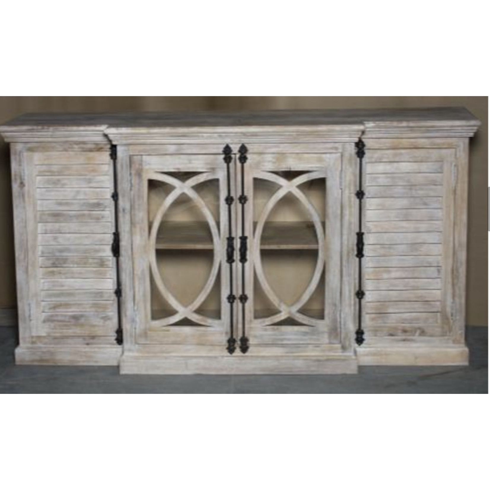 Outside The Box 76x16x39 4 Door Moon & Shutter Coastal Cabinet Frosted
