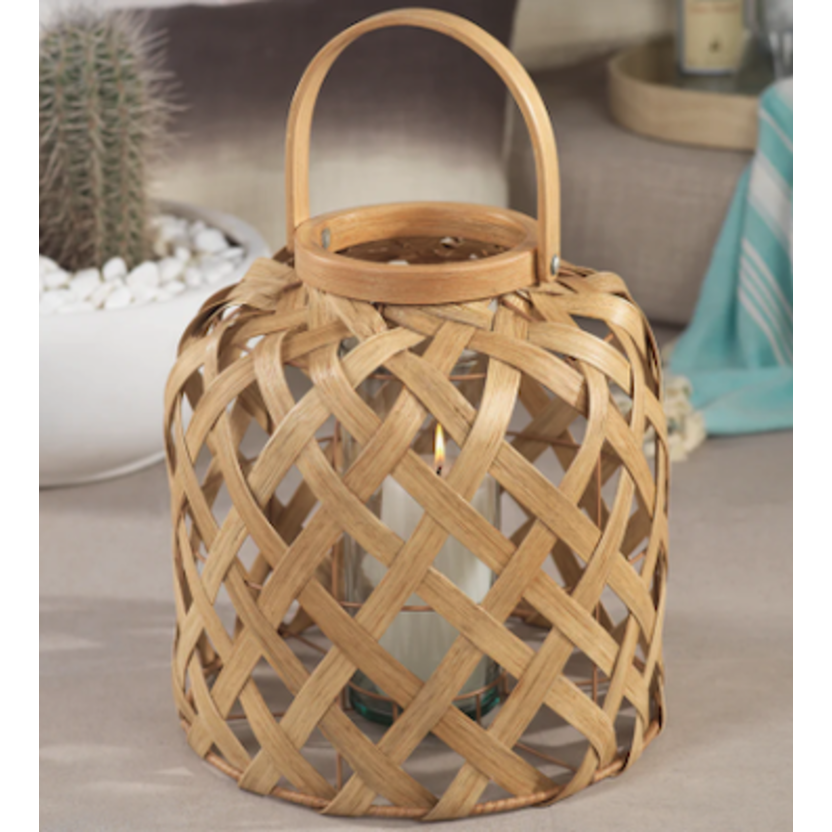 Outside The Box 13" Saros Flatcar Natural Rattan Lantern With Glass