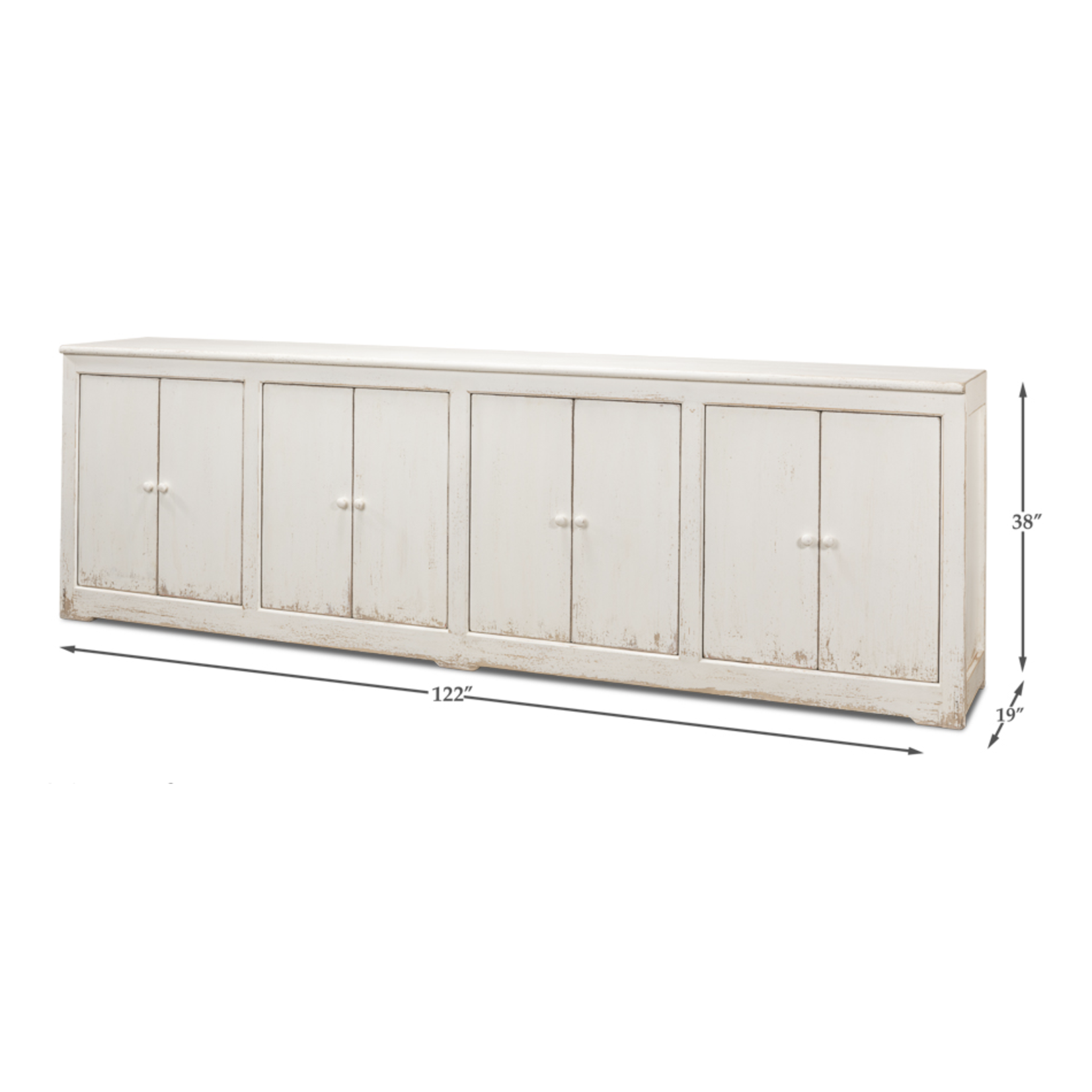 Outside The Box 122x19x38 Weathered Coastal Solid Reclaimed Pine 8 Door Sideboard In White