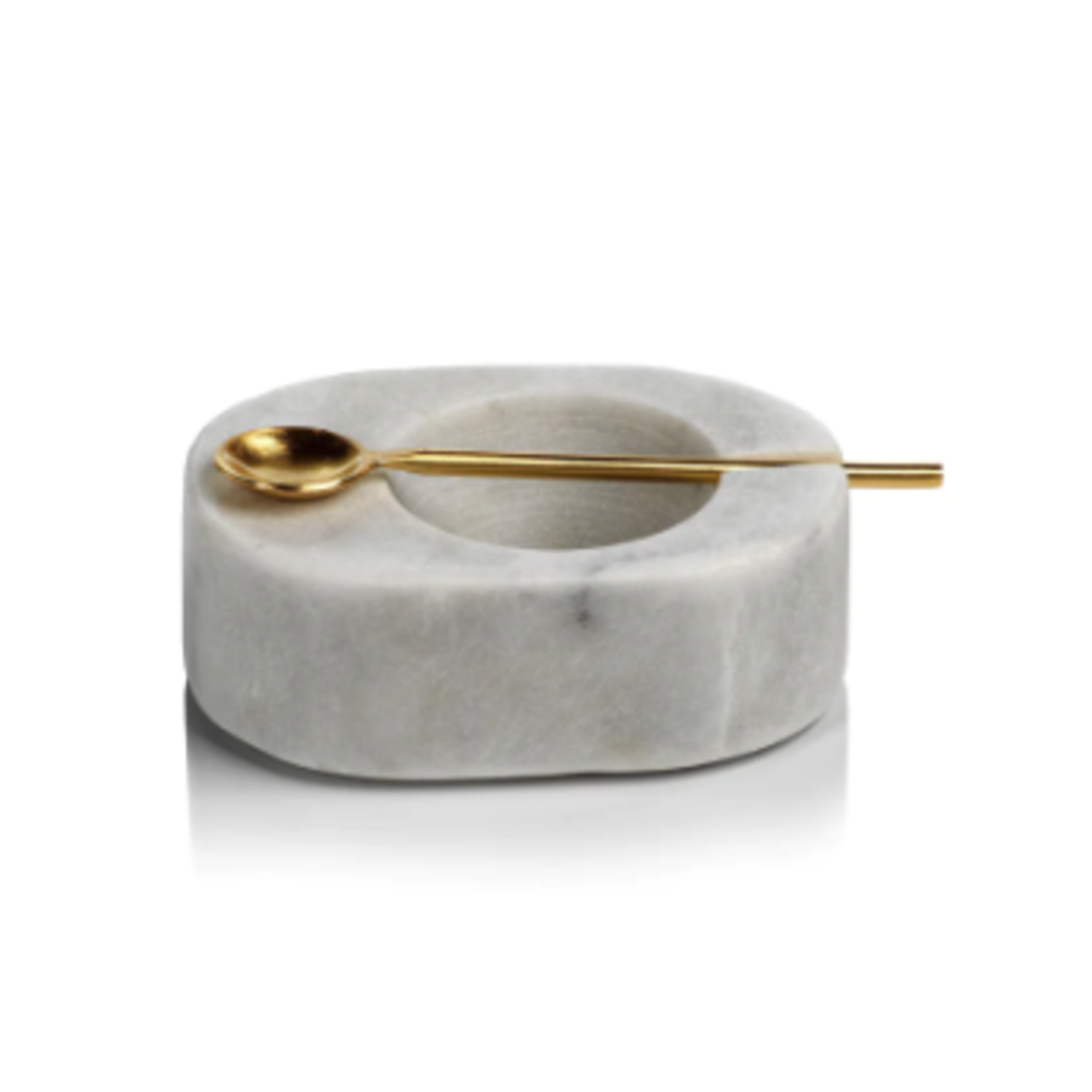 Outside The Box Tuscan White Marble Salt & Pepper Bowl With Gold Spoon