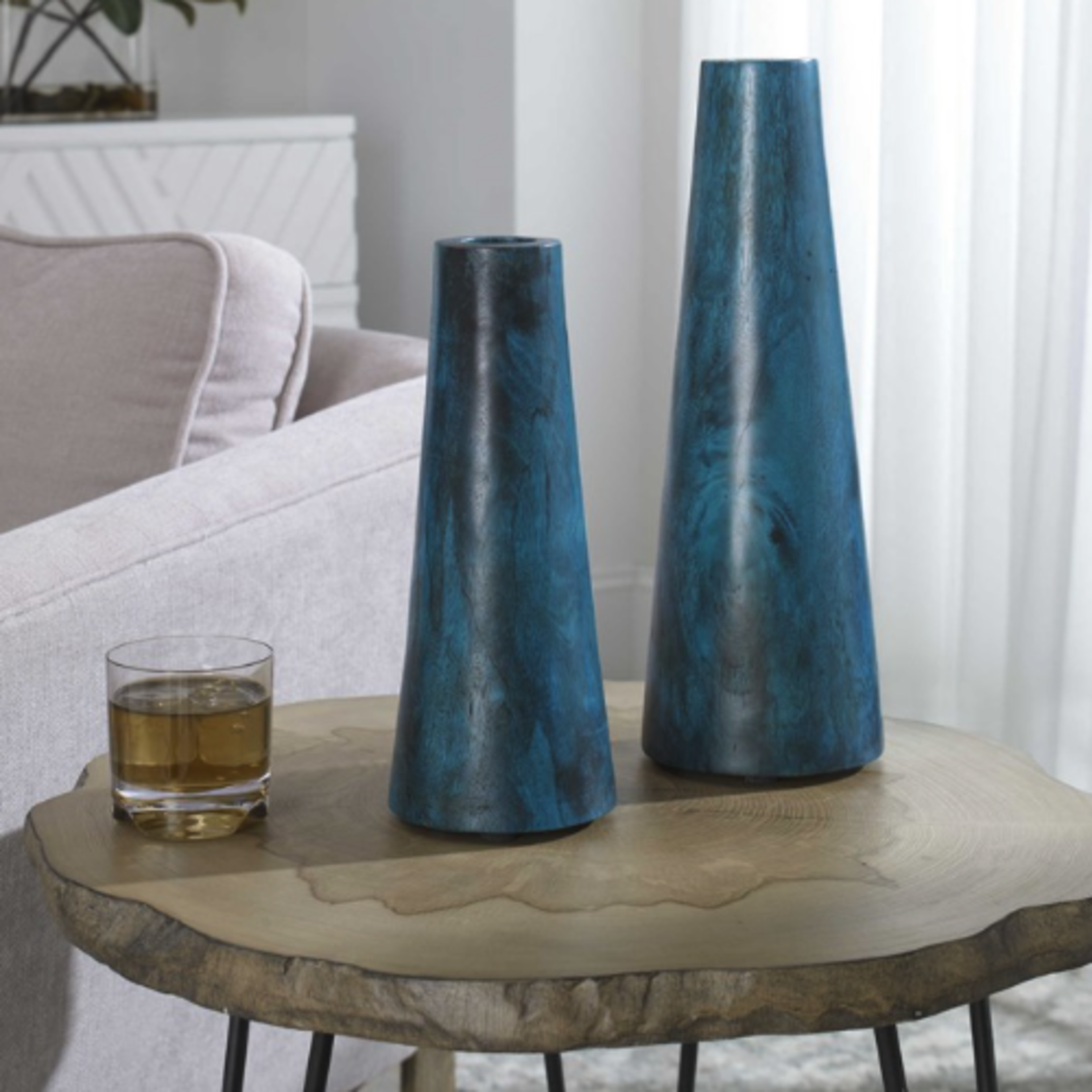 Outside The Box 16" & 12" Set Of 2 Mambo Blue Solid Tamarind Wood Vases