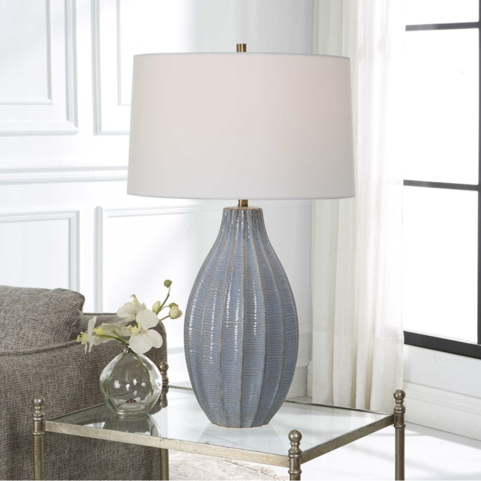 Outside The Box 28" Uttermost Veston Blue Glazed Scalloped Table Lamp