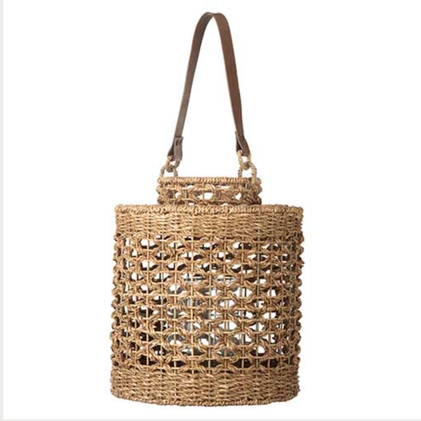 Outside The Box 16" Natural Seagrass & Rattan Handled Lantern With Glass Cylinder