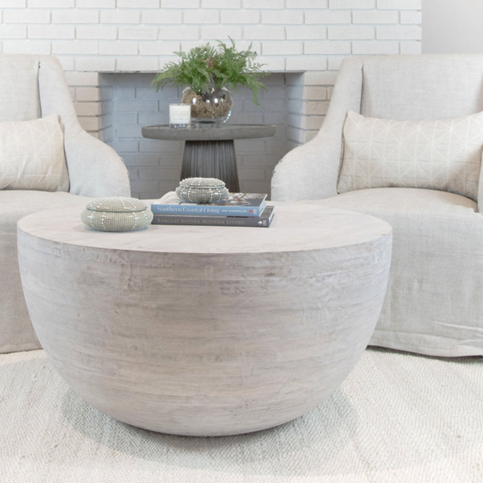 Outside The Box 36x18 Jonathan White Wash Mango Wood Round Coffee Table