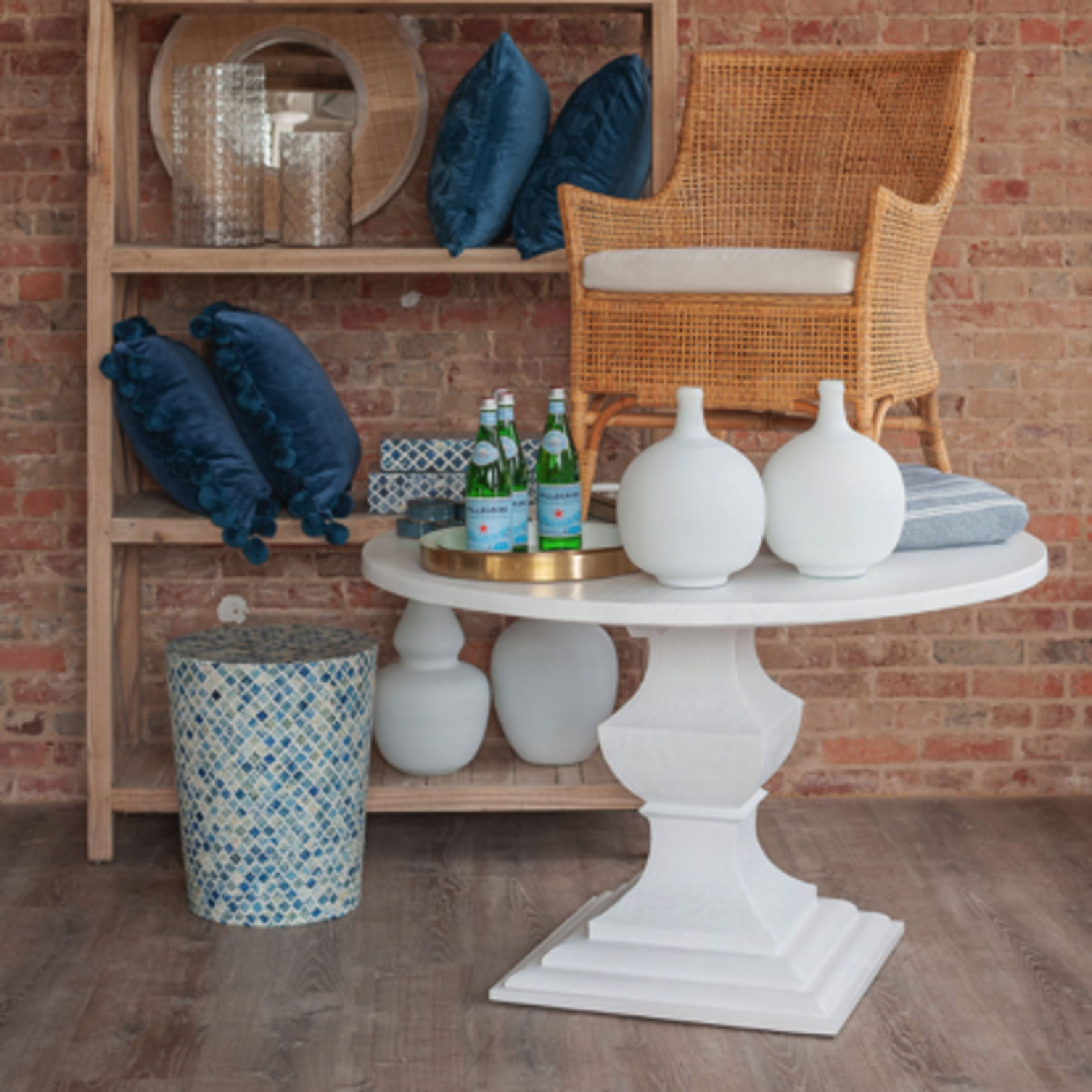 Outside The Box 20x16 Tabla Blue & White Bone Inlay Stool / Side Table