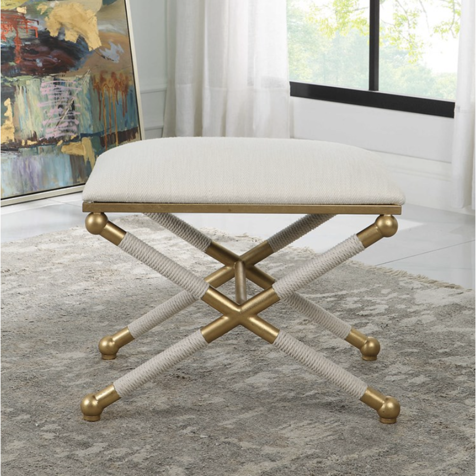 Outside The Box 24x17x20 Socialite White Performance Fabric & Brass Leaf Bench