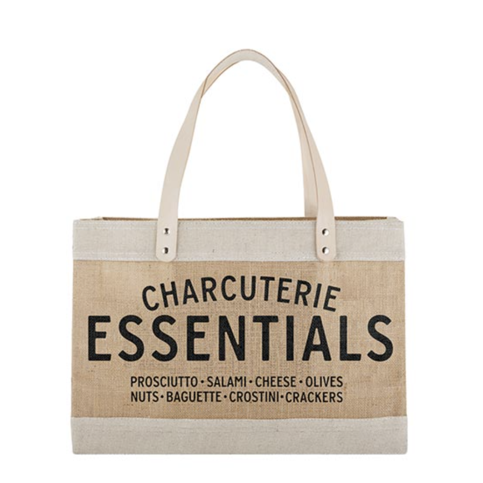 Outside The Box 17x8x12 "Charcuterie Essentials" Natural Jute & Leather Market Tote