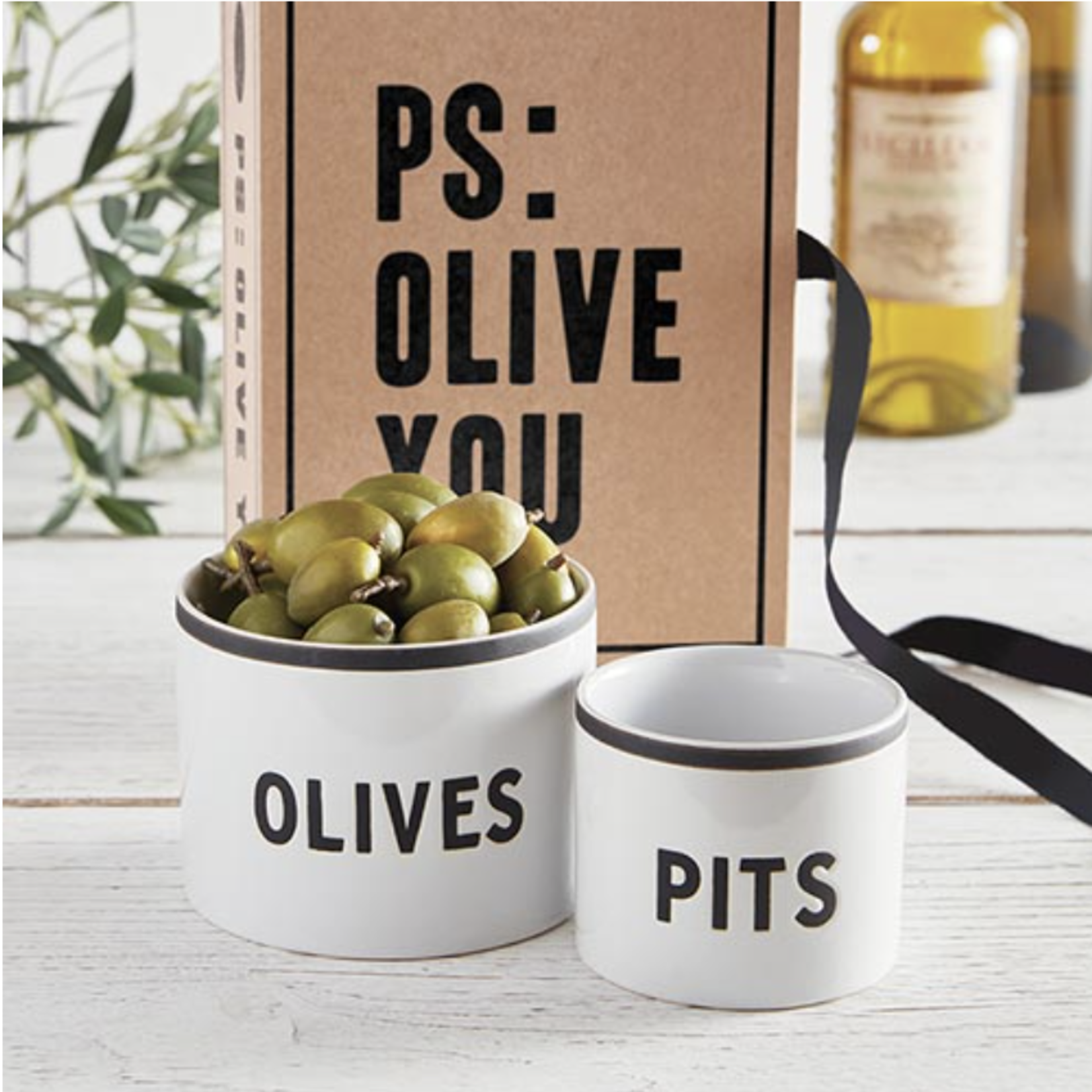 Outside The Box 3" & 2" Set of 2 " Olives & Pits - PS: Olive You"  Bowls In Book Box